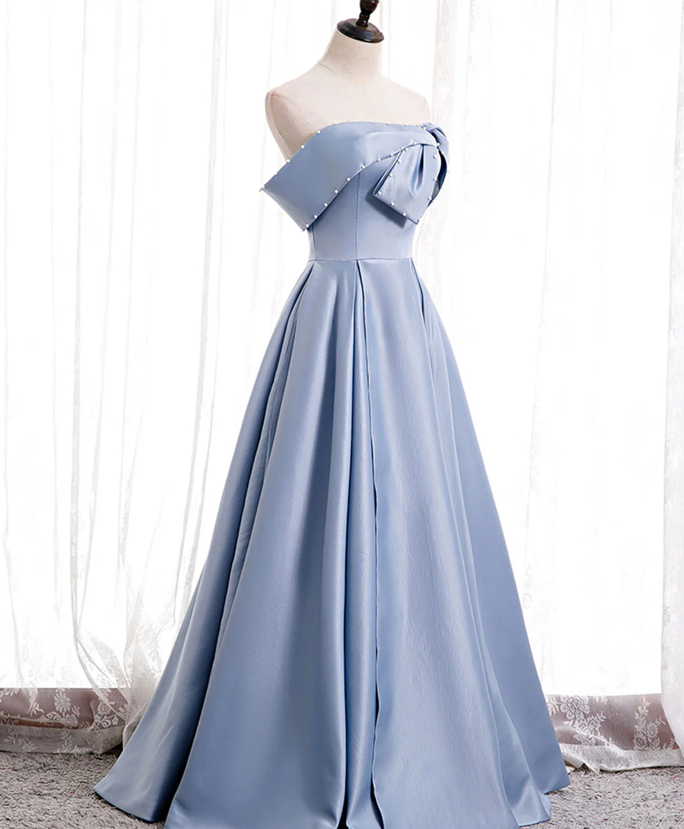 Simple Blue Off Shoulder Satin Long Prom Dress Blue Bridesmaid Dress - Deanwangkt