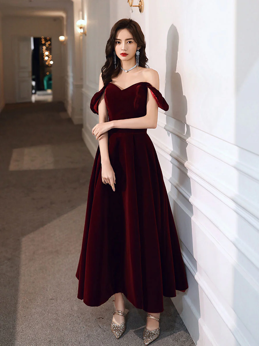 Simple Velvet Tea Length Prom Dresses, Burgundy Velvet Evening Dresses - Deanwangkt