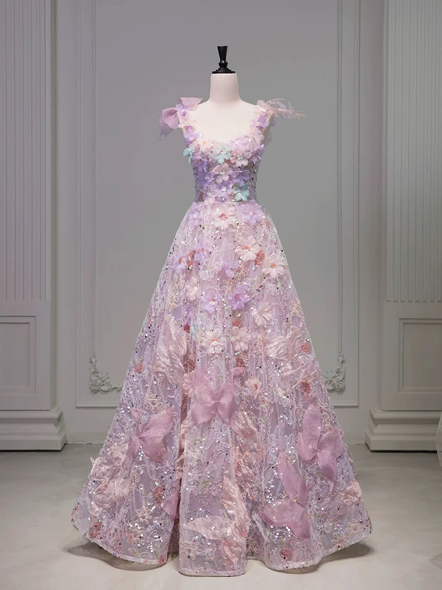 A-Line Tulle Lace 3D Flowers Pink Long Prom Dress, Pink Long Evening Dress - Deanwangkt