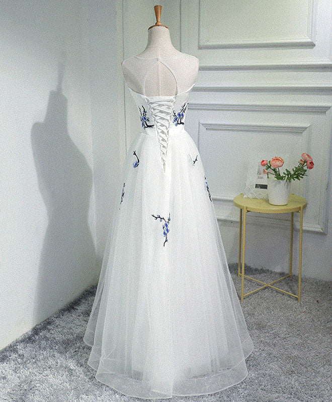 White A-Line Tulle Long Prom Dress, White Evening Dress - Deanwangkt