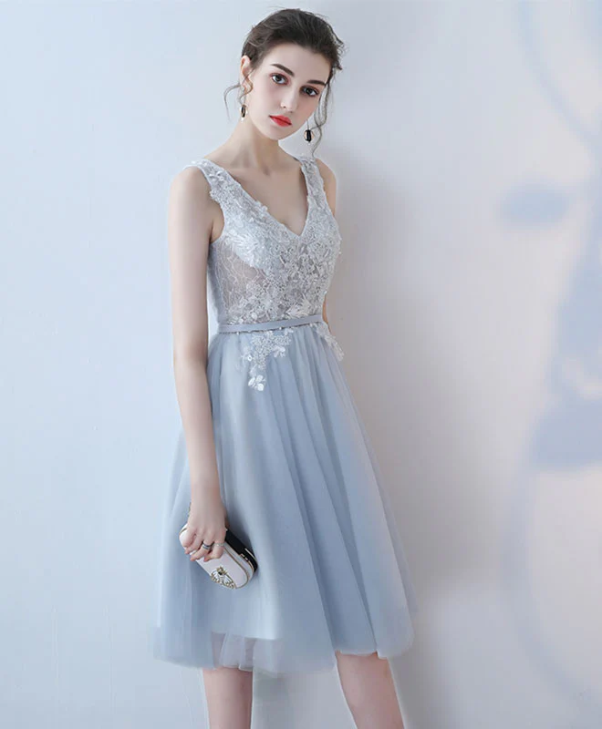 Cute V Neck Lace Tulle Short Prom Dress, Homecoming Dress - Deanwangkt