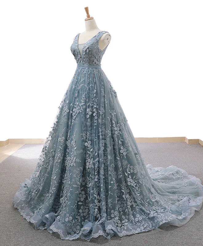 Gray Blue Tulle Lace Long Prom Dress Gray Blue Lace Evening Dress - Deanwangkt