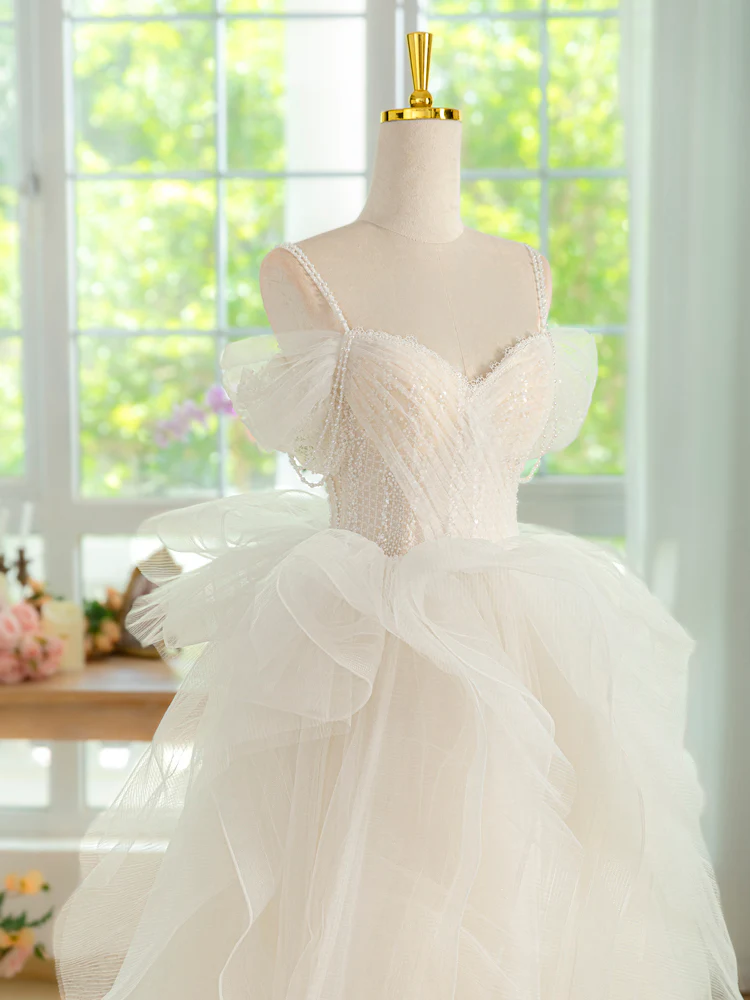 Sweetheart Neck Tulle Beads Light Champagne Long Prom Dress, Light Champagne Formal Dress - Deanwangkt
