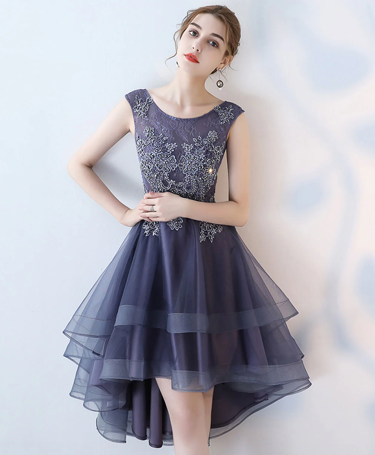 Purple Round Neck lace Tulle High Low Prom Dress, Homecoming Dress - Deanwangkt