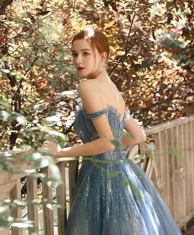 Blue Tulle Sequin Off Shoulder Long Prom Dress Tulle Evening Dress - Deanwangkt