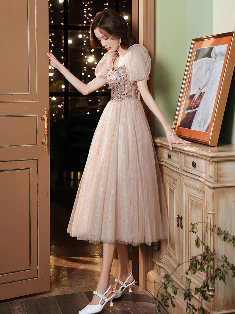 Champagne A-line Tulle Beads Prom Dress, Tulle Bridesmaid Dress - Deanwangkt