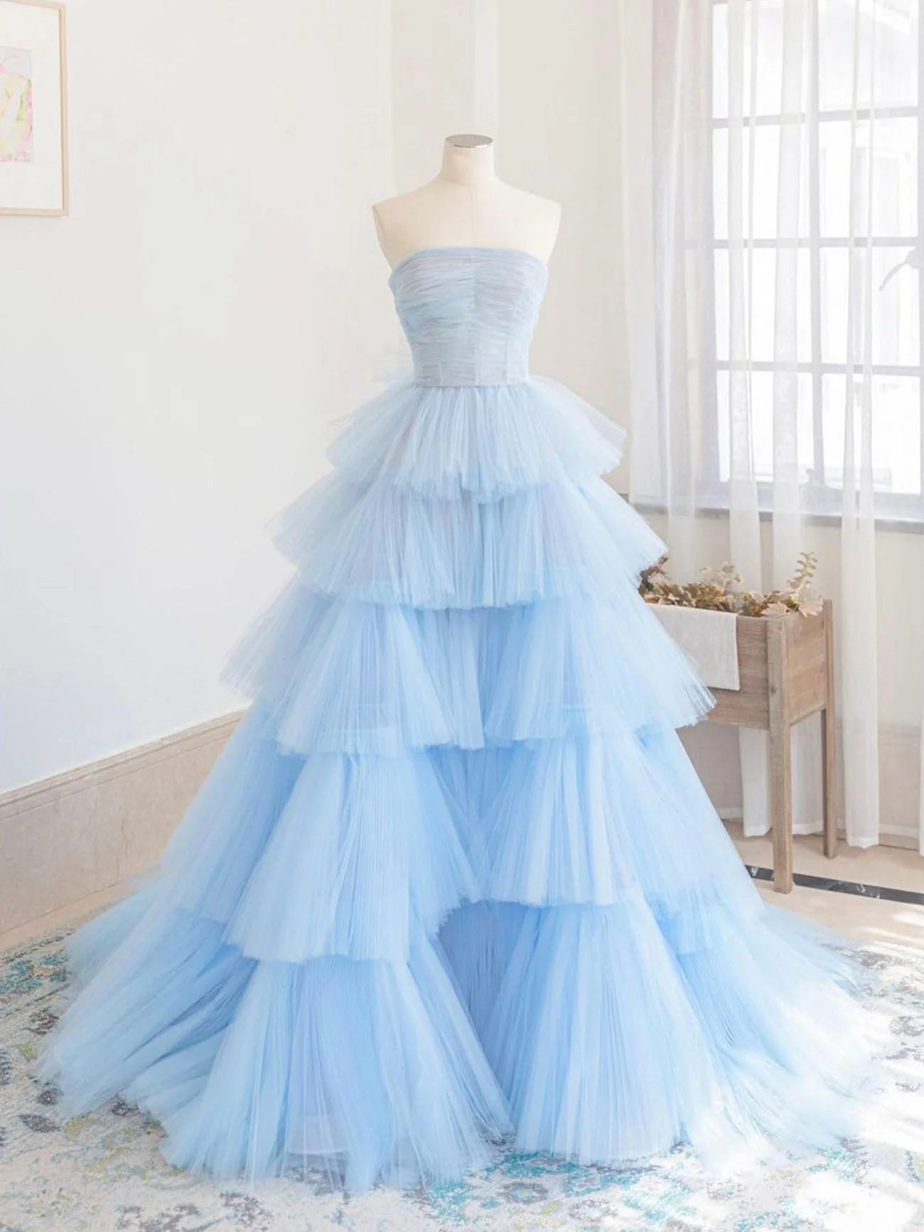 Blue Tulle Long Prom Dress, Blue Tulle Ball Gown Evening Dresses - Deanwangkt