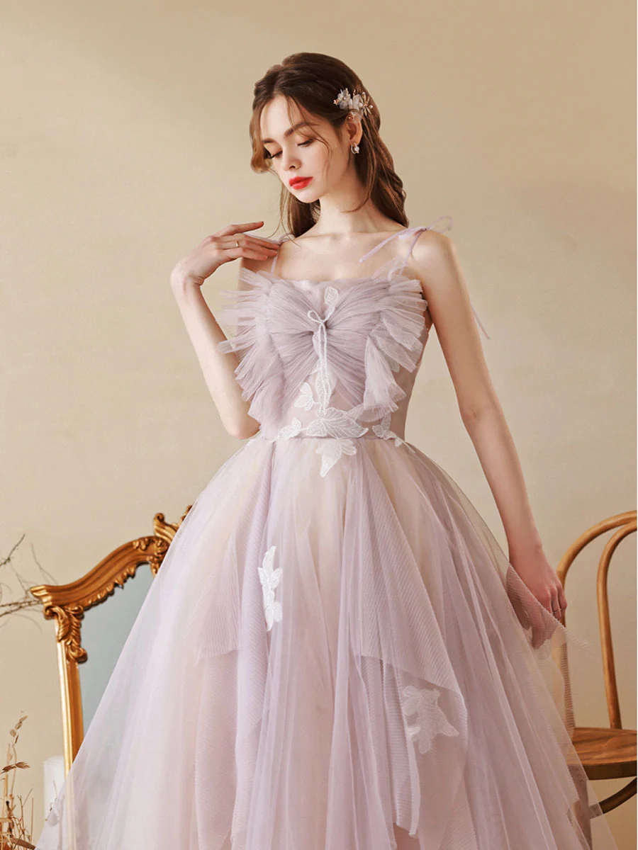 Unique Tulle Lace A line Long  Light Purple Prom Dresses,  Tulle Formal Graduation Dresses - Deanwangkt