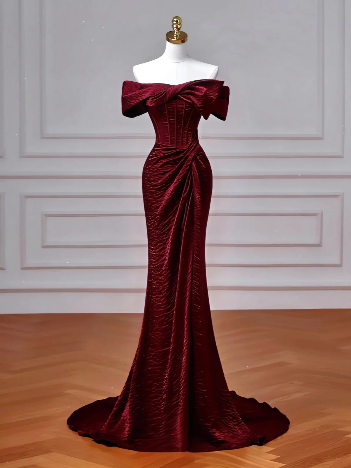 Mermaid Off Shoulder Burgundy Long Prom Dress, Burgundy Long Evening Dress - Deanwangkt