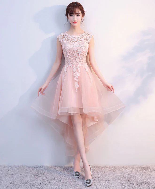 Pink Tulle Lace High Low Prom Dress, Pink Homecoming Dress - Deanwangkt