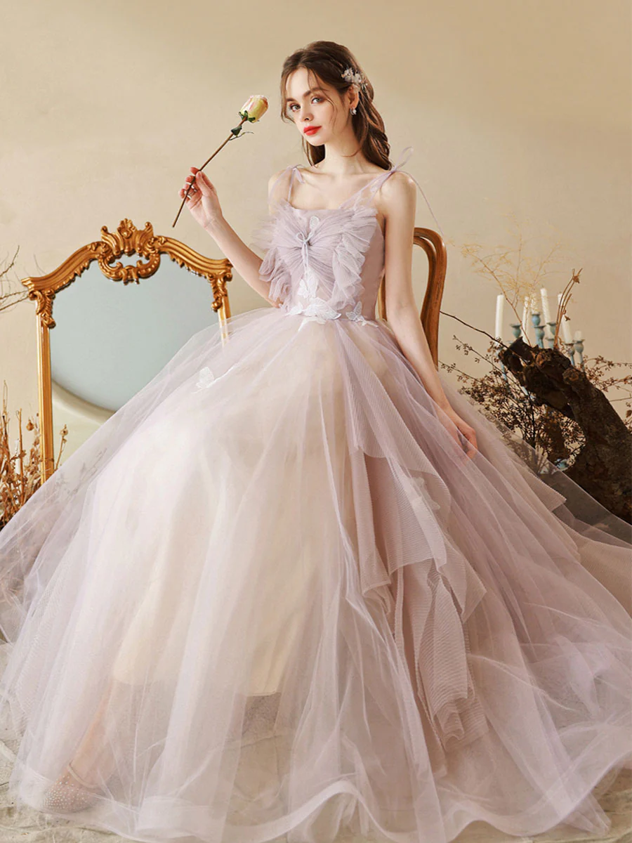 Unique Tulle Lace A line Long  Light Purple Prom Dresses,  Tulle Formal Graduation Dresses - Deanwangkt