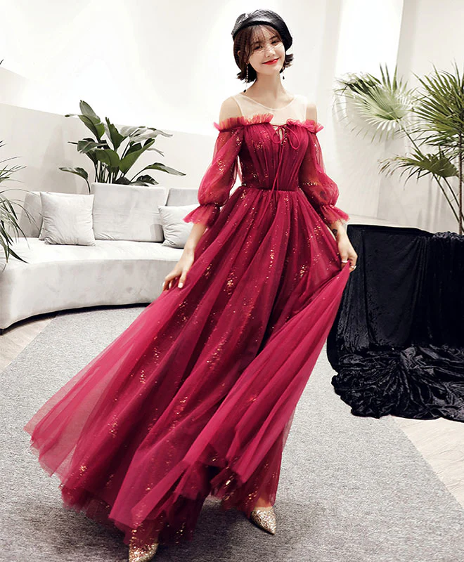 Dark Red Tulle Lace Long Prom Dress, Dark Red  Evening Dress - Deanwangkt