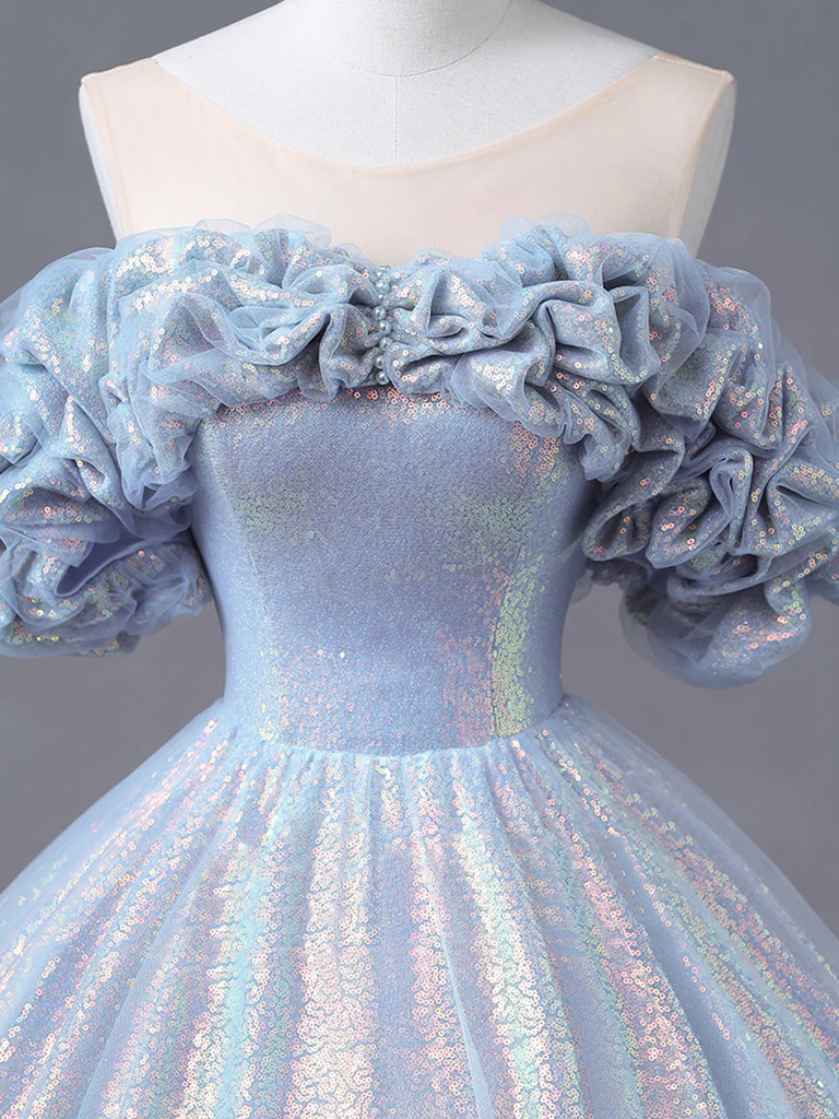 A-Line Off Shoulder Tulle Sequin Blue Purple Long Prom Dress, Sequin Formal Dress - Deanwangkt