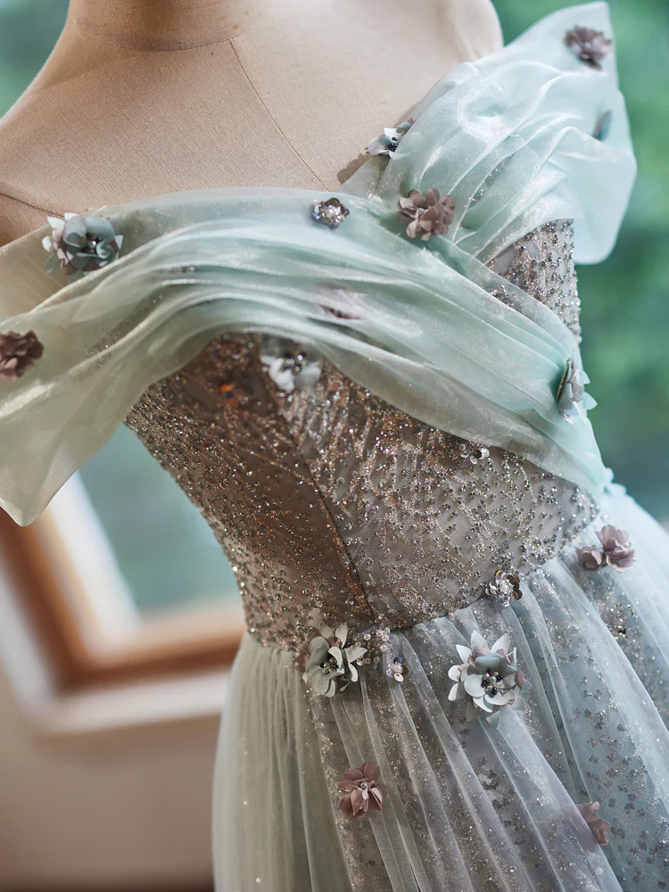 A-Line Off Shoulder Tulle Green Long Prom Dress, Green Long Evening Dress - Deanwangkt