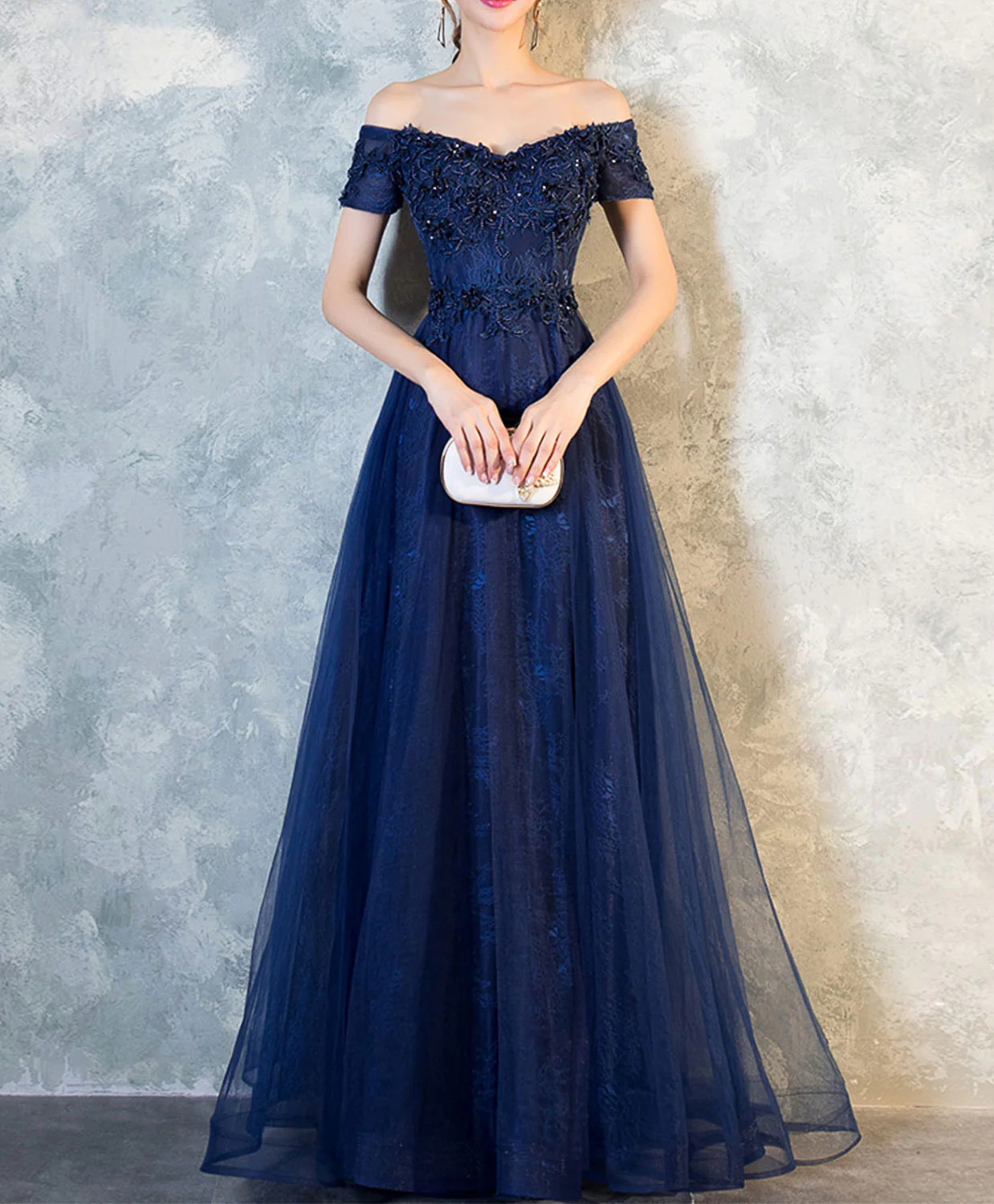 Blue Lace Off Shoulder Long Prom Dress, Blue Evening Dress - Deanwangkt