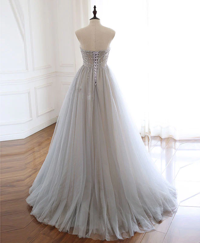 Gray Sweetheart Tulle Beads Long Prom Dress Gray Tulle Formal Dress - Deanwangkt