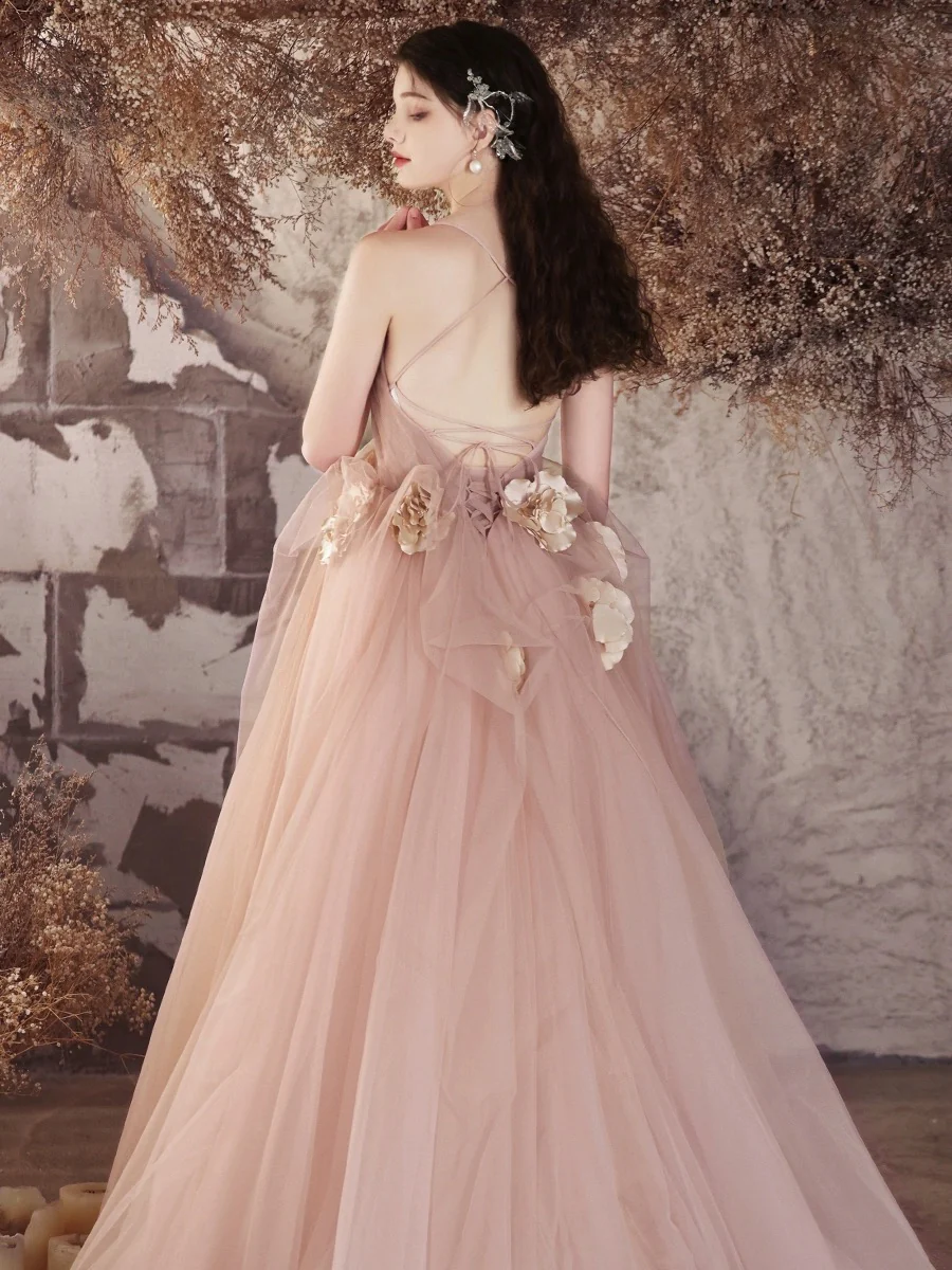 A-Line V Neck Tulle Flower Pink Long Prom Dress, Pink Long Evening Dress - Deanwangkt
