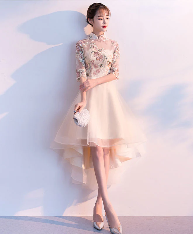 Champagne Tulle Lace Applique Short Prom Dress, Homecoming Dress - Deanwangkt