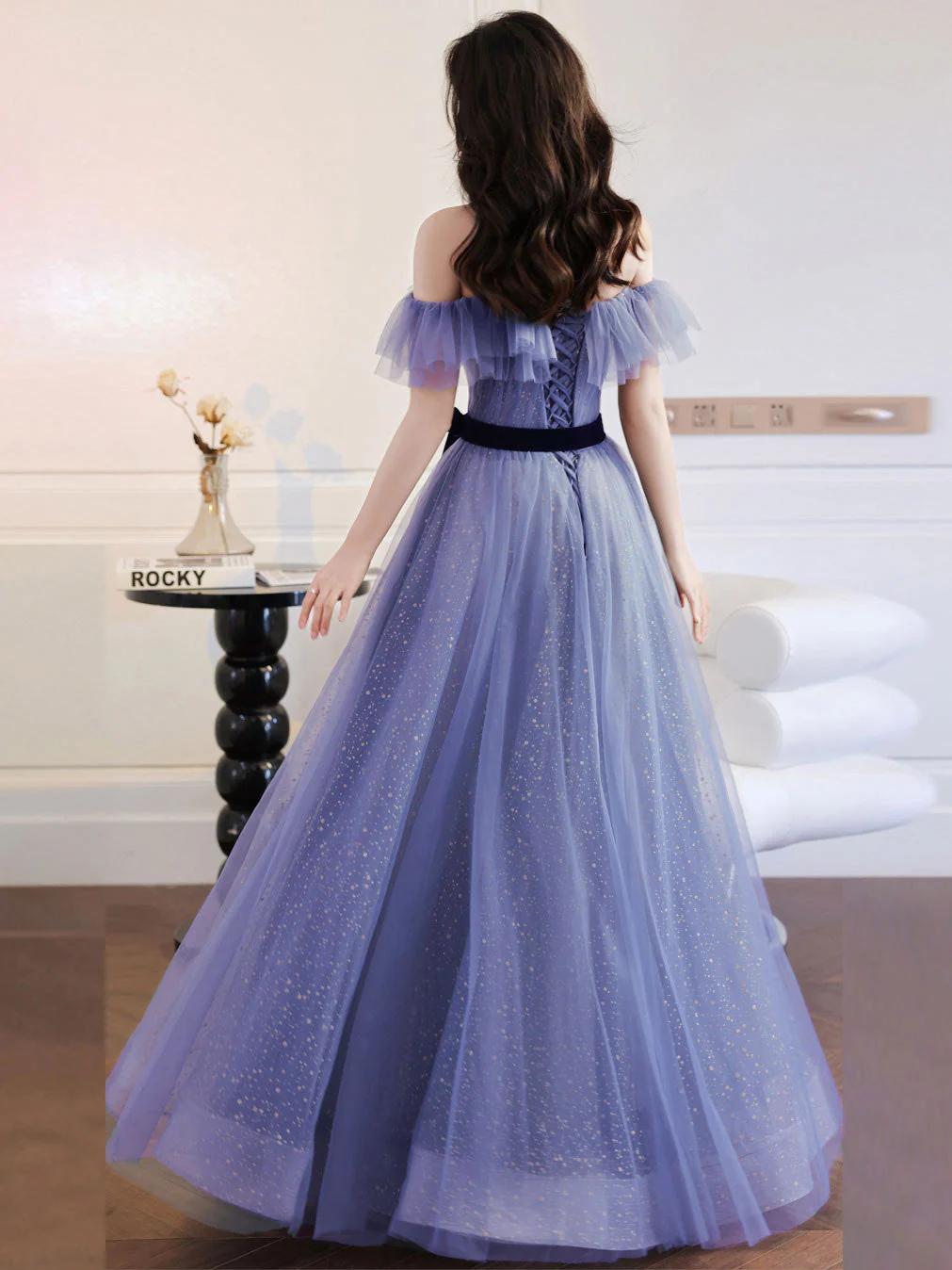 Purple A line Tulle Long Prom Dresses, Off Shoulder Formal Gown Graduation Dresses - Deanwangkt