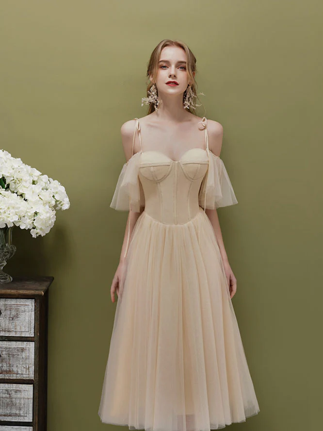 Simple A-line Champagne Tulle Short Prom Dress, Champagne HDRomecoming dress - Deanwangkt