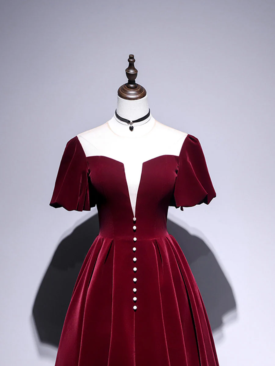 A line Velvet Tea Length Prom Dresses, Burgundy Velvet Bridesmaid Dresses - Deanwangkt