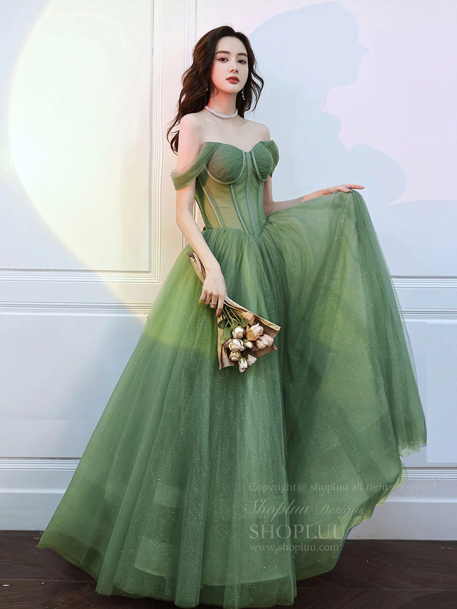 Green Sweetheart Neck Tulle Long Prom Dress, Green A line Formal Dresses - Deanwangkt