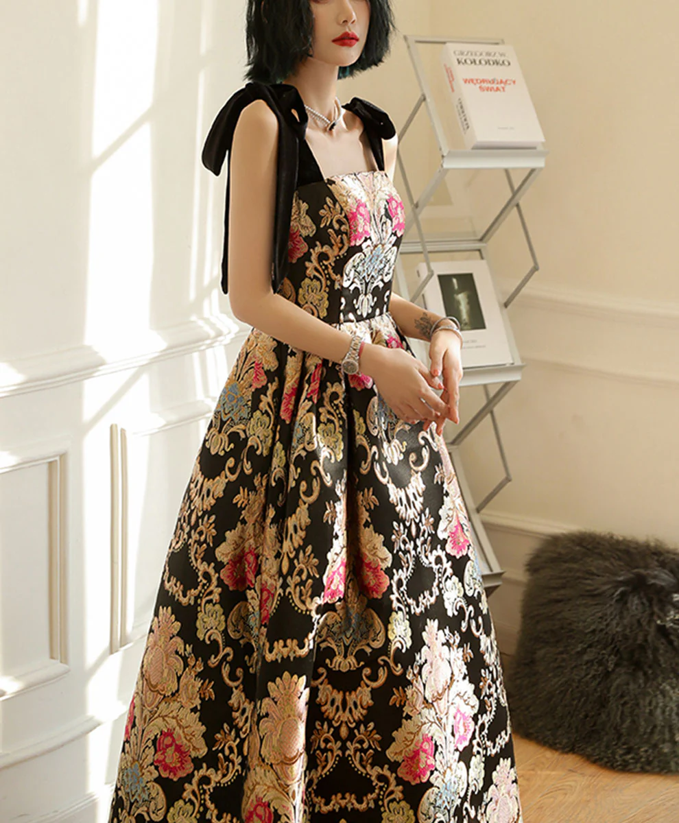 Unique Satin Long Prom Dress, Flowers Satin Long Evening Dress - Deanwangkt