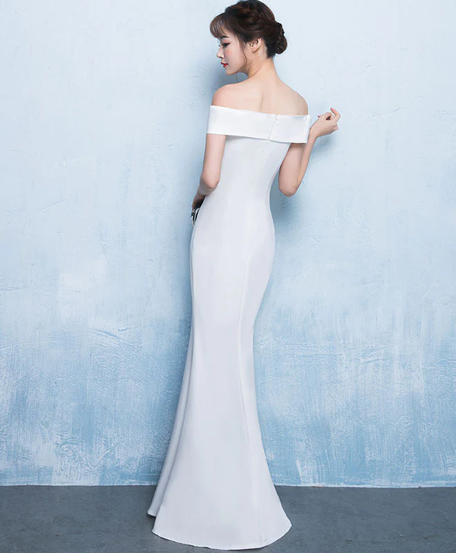 White Mermaid Long Prom Dress, White Evening Dress - Deanwangkt