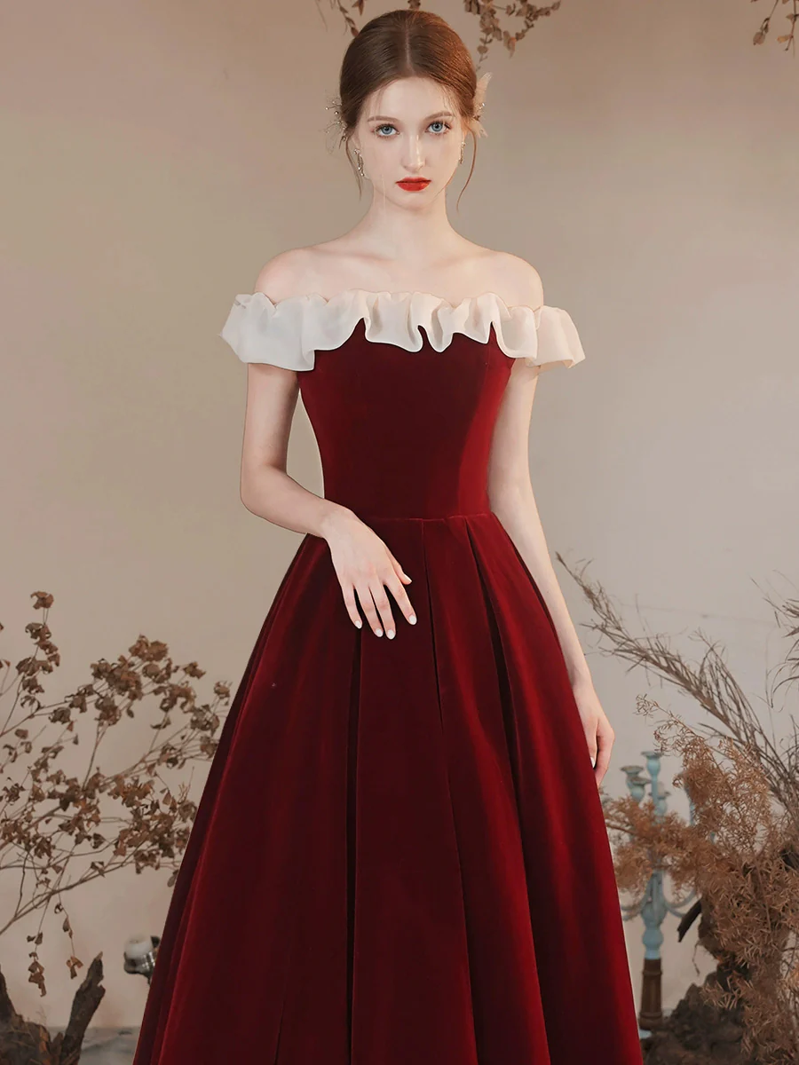 A-Line Off Shoulder Velvet Burgundy Long Prom Dress, Burgundy Formal Dress - Deanwangkt