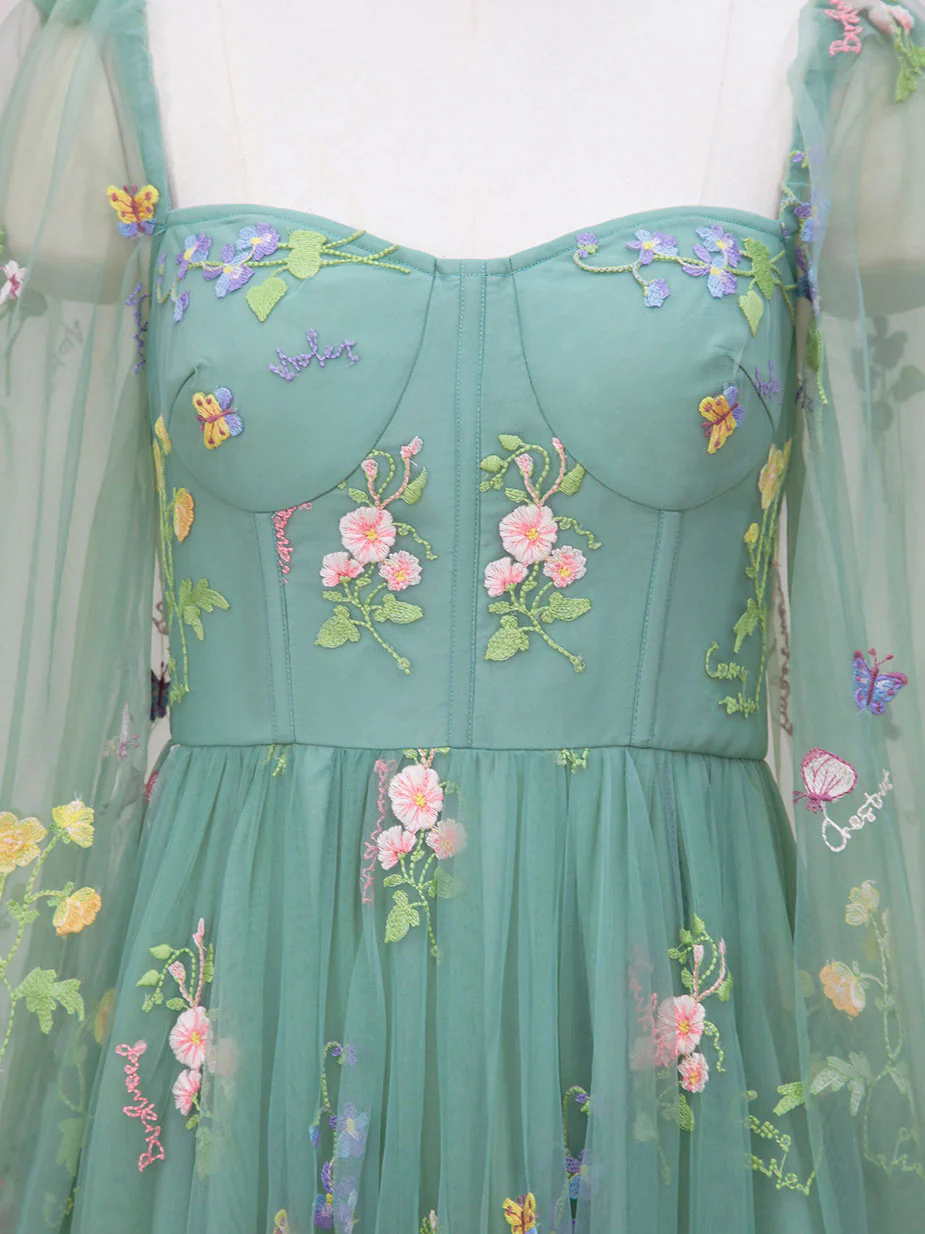 Green A-line Sweetheart Green Tulle Lace Long Prom Dress, Green Formal Dress - Deanwangkt