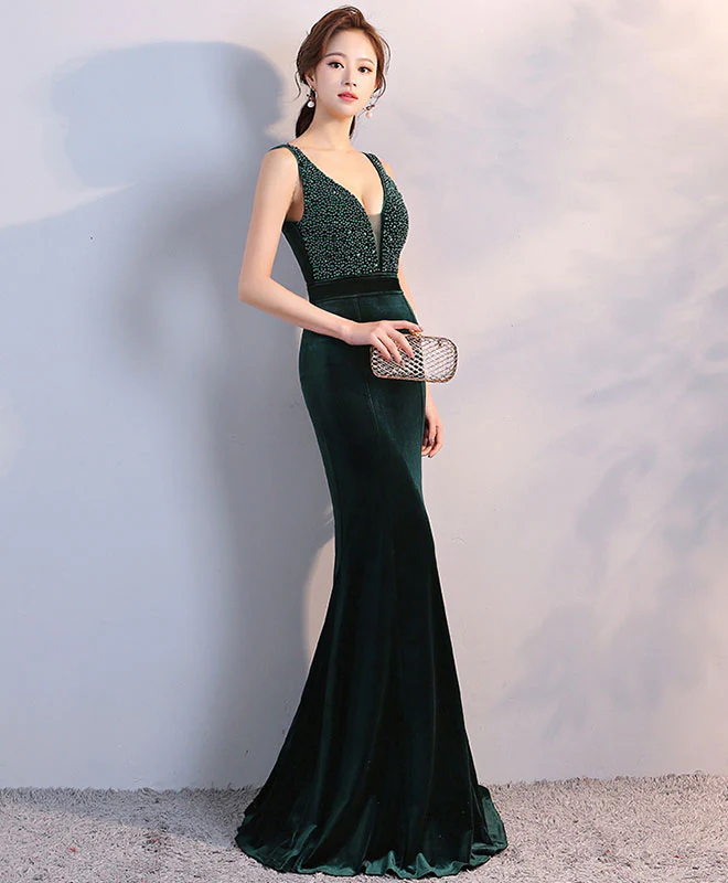 Green V Neck Velvet Long Prom Dress, Mermaid Evening Dress - Deanwangkt