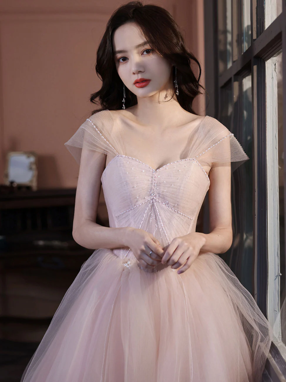 A Line Off Shoulder Pink Long Prom Dress, Pink Graduation Dress with Beading Lace - Deanwangkt