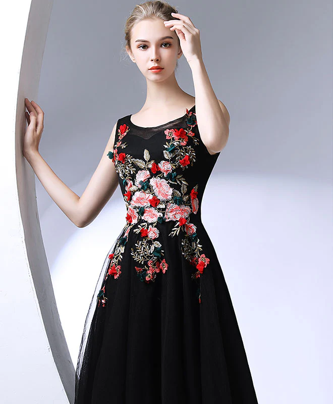 Black Round Neck Long Prom Dress, Black Evening Dress - Deanwangkt