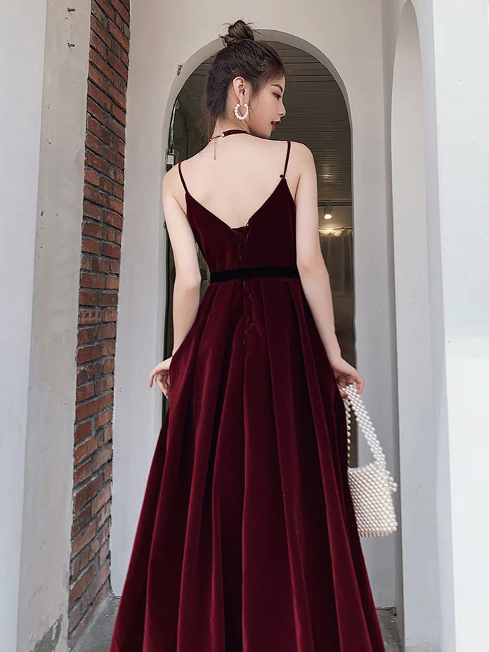 Simple Burgundy Velvet Long Prom Dresses, Burgundy Long Formal Graduation Dresses - Deanwangkt