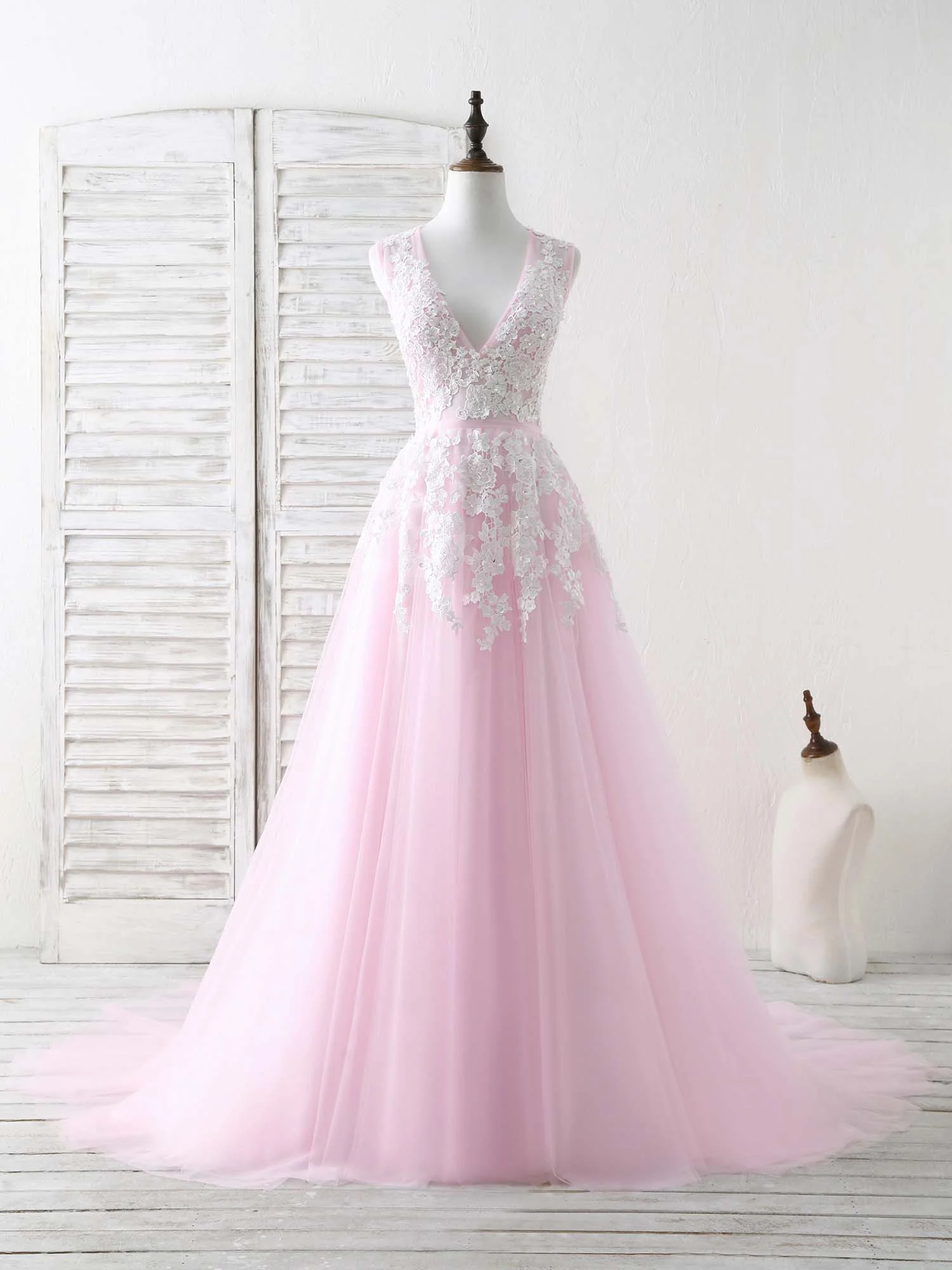 Pink V Neck Tulle Lace Applique Long Prom Dress Pink Evening Dress - Deanwangkt