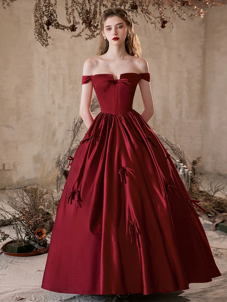 A-Line Off Shoulder Satin Burgundy Long Prom Dress, Burgundy Formal Dress - Deanwangkt