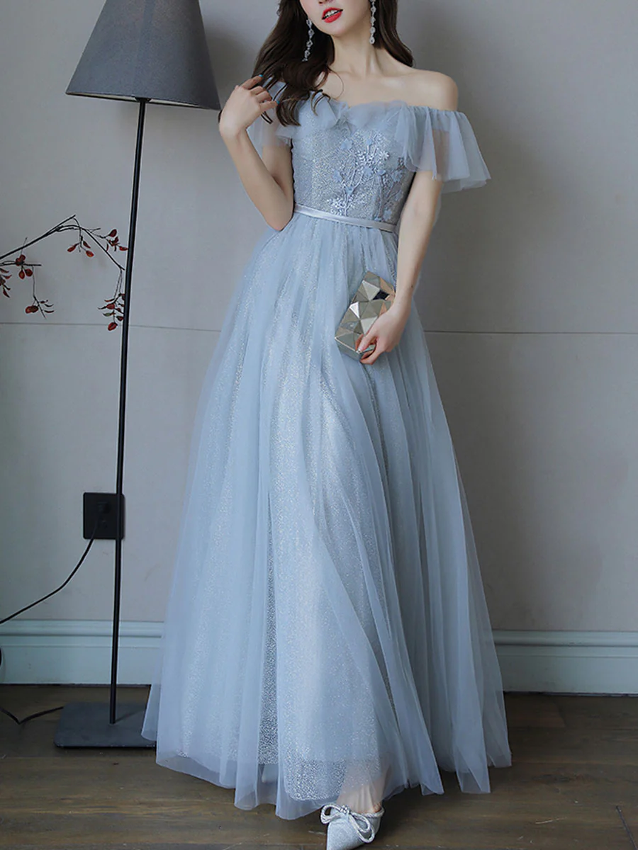 Simple Light Blue Tulle Lace Long Prom Dress, Lace Long Bridesmaid Dress - Deanwangkt