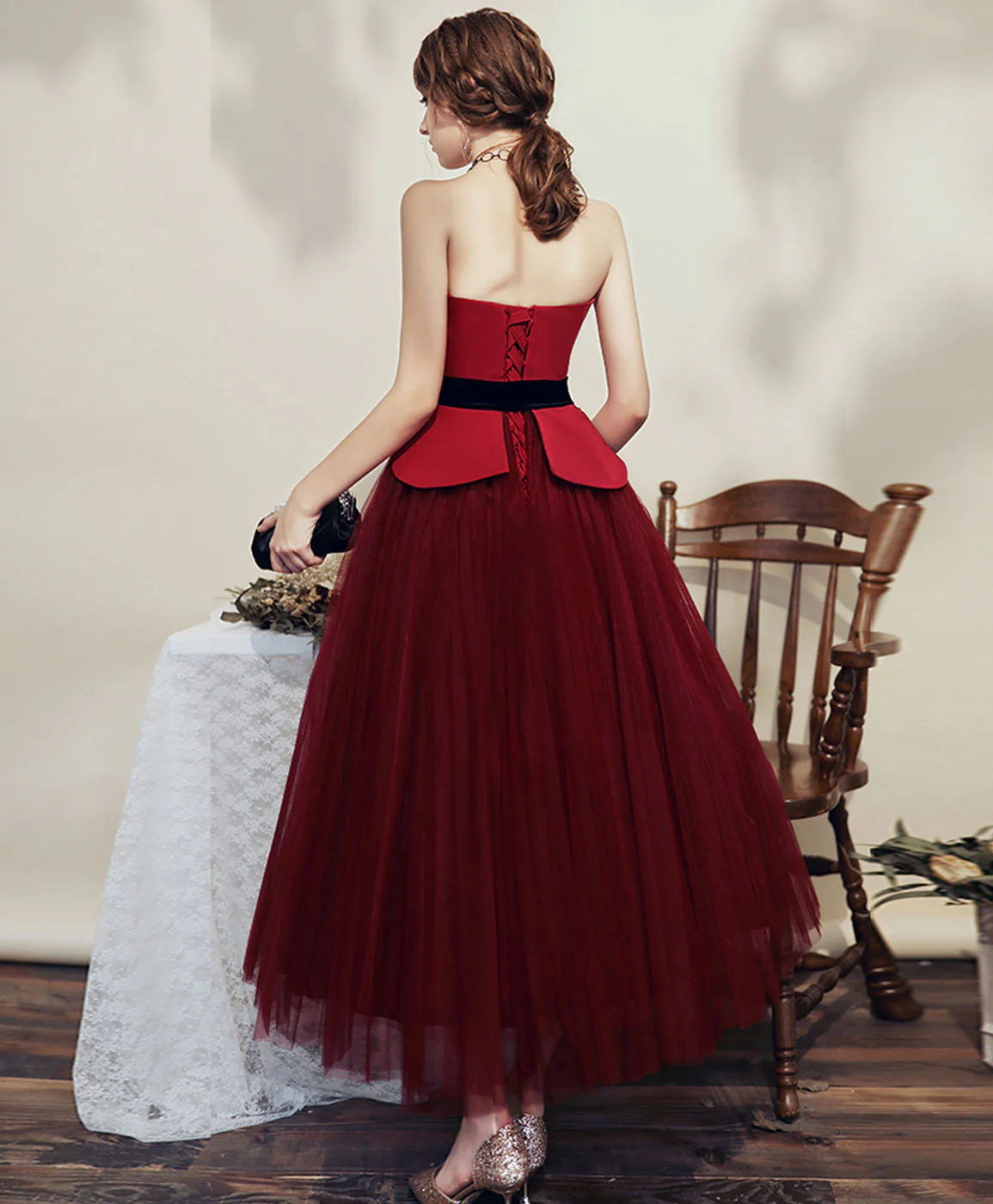 Simple Burgundy Tulle Tea Length Short Prom Dress Bridesmaid Dress - Deanwangkt