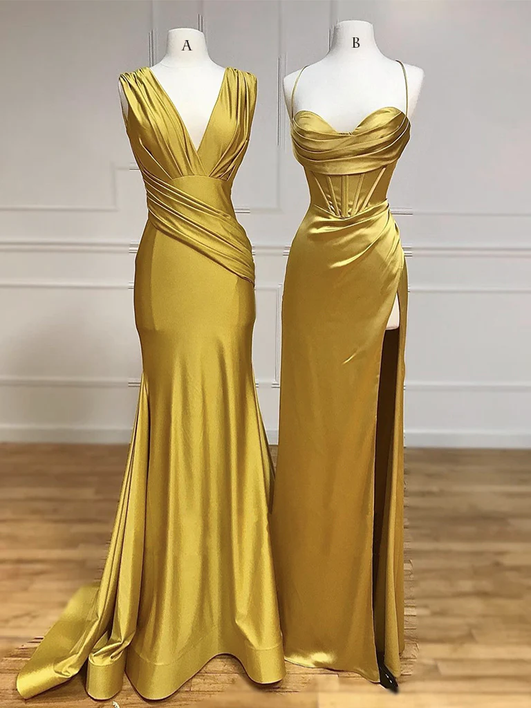 Simple Satin Gold Long Prom Dress, Gold Satin Long Formal Dress - Deanwangkt