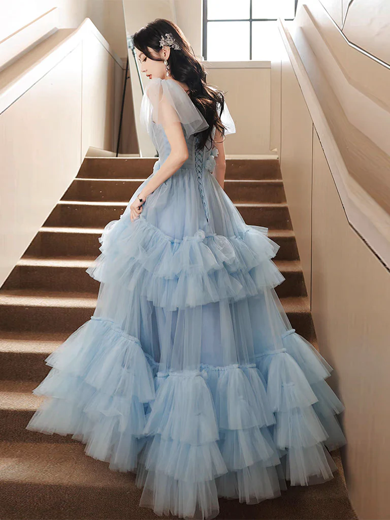 A-Line Tulle Blue Long Prom Dress, Blue Tulle Long Evening Formal Dress - Deanwangkt