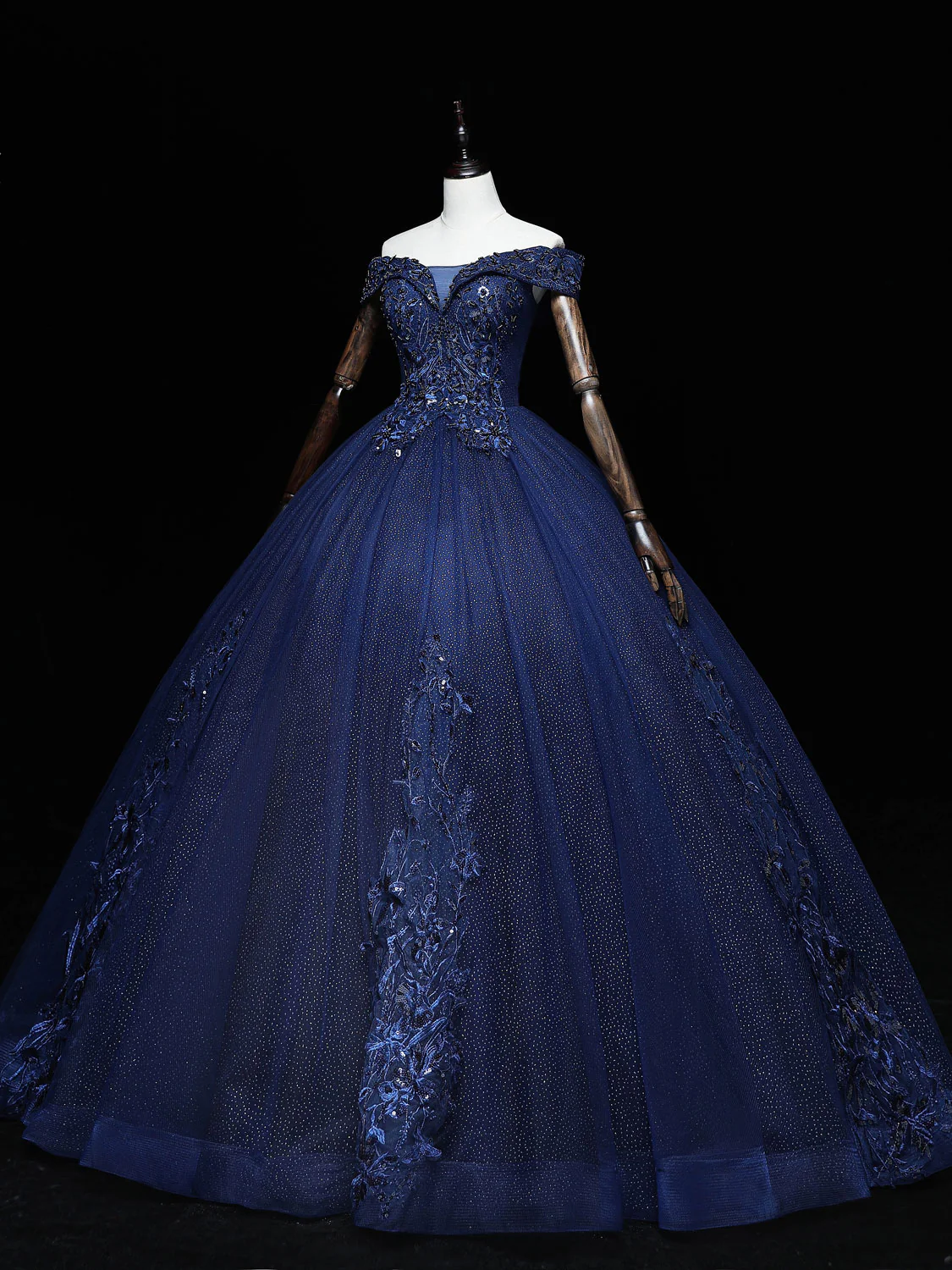 Dark Blue Off Shoulder Tulle Lace Long Prom Gown, Blue Sweet 16 Dress With Beading Sequin - Deanwangkt