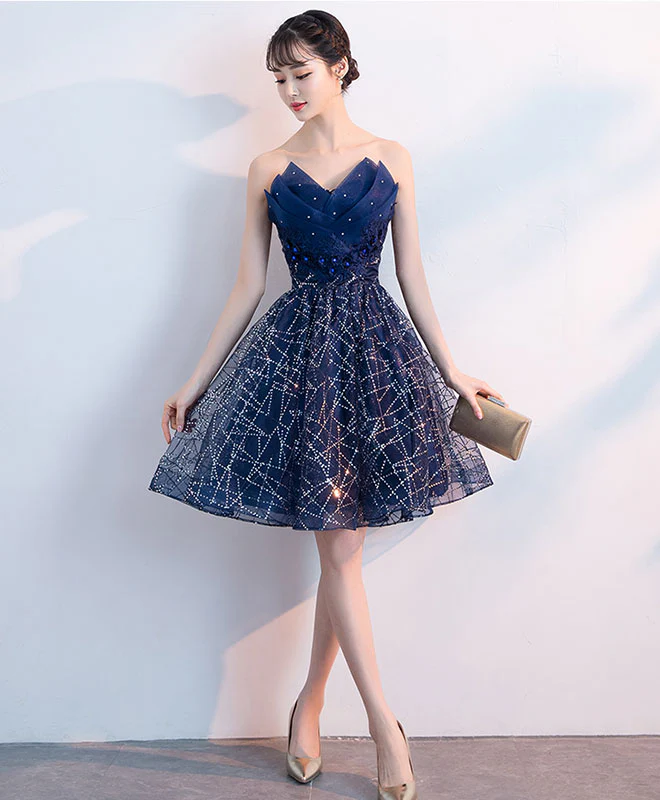 Dark Blue V Neck Tulle Sequin Short Prom Dress, Blue Homecoming Dress - Deanwangkt