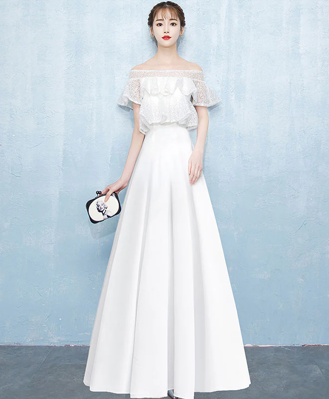 White A-Line Lace Satin Long Prom Dress, White Evening Dress - Deanwangkt