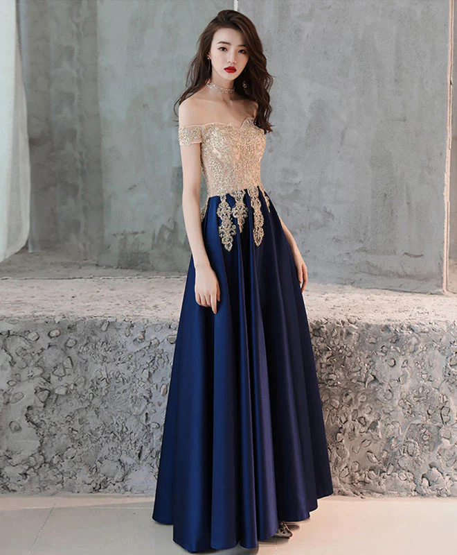 Dark Blue Sweetheart Lace Satin Long Prom Dress, Blue Evening Dress - Deanwangkt