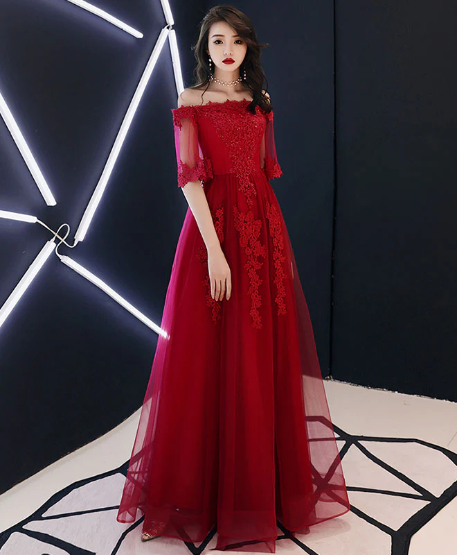 Simple Tulle Lace Long Burgundy Prom Dress, Burgundy Tulle Evening Dress - Deanwangkt