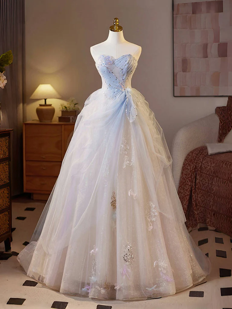 A-Line Sweetheart Neck Tulle Sequin Champagne Long Prom Dress - Deanwangkt