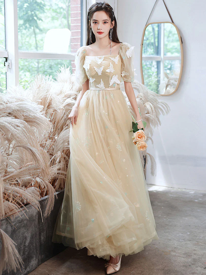 Champagne Tulle Lace Long Prom Dress, Champagne Tulle Formal Dress - Deanwangkt