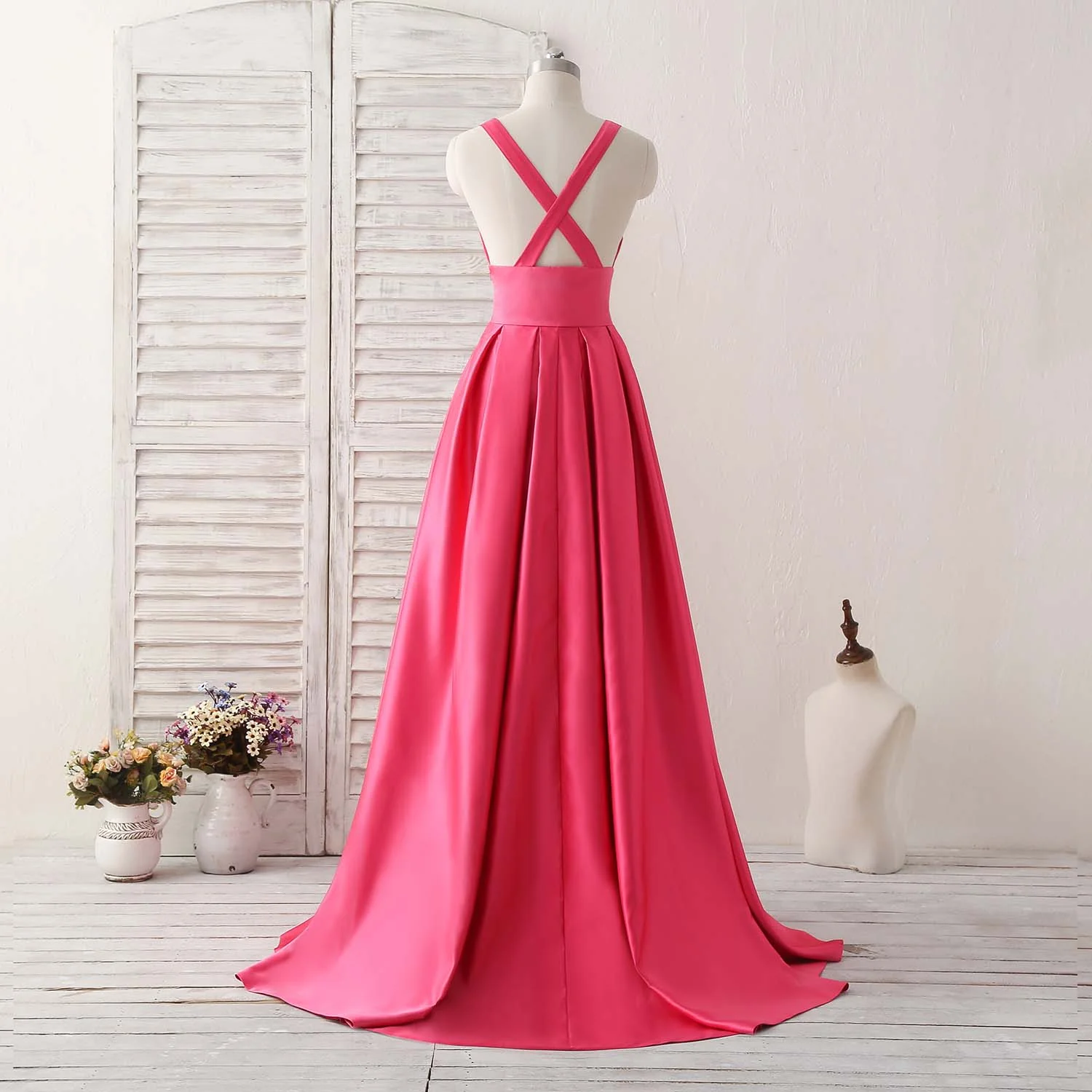 Simple V Neck Long Prom Dress Backless Evening Dress - Deanwangkt