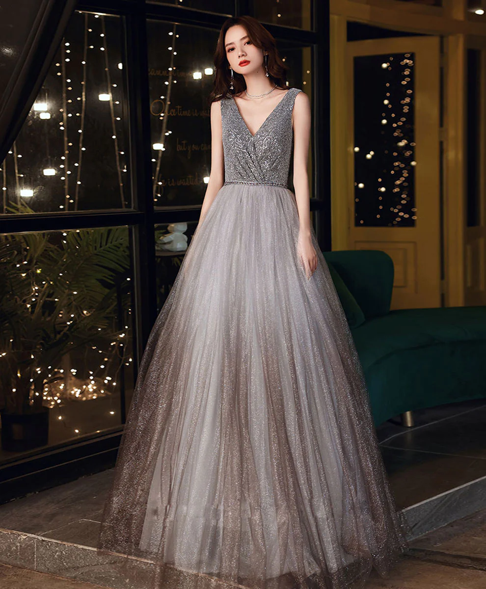 Shiny Aline Gray Tulle V Neck Sequin Long Prom Dress, Gray Formal Dress - Deanwangkt