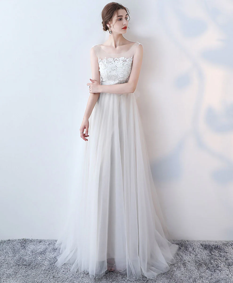 White Round Neck Tulle Lace Long Prom Dress White Formal Dress - Deanwangkt